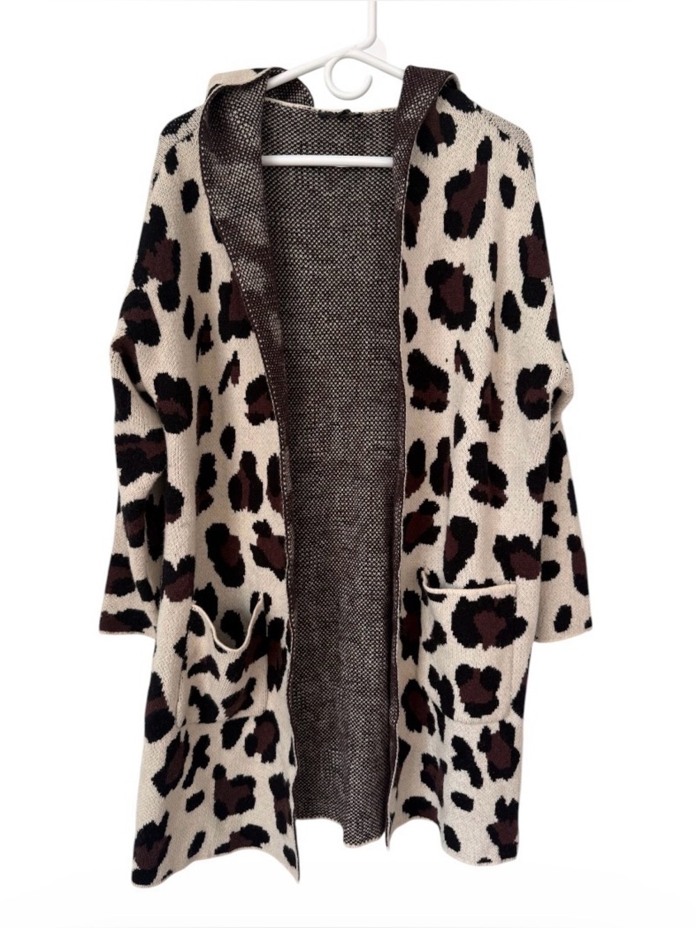 Fate Leopard Print Hooded Open Front Cardigan Small